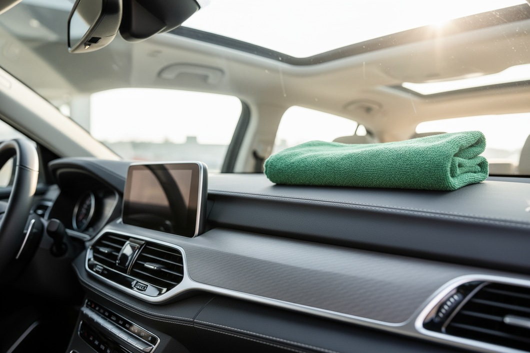 green towel on interior dash of a car